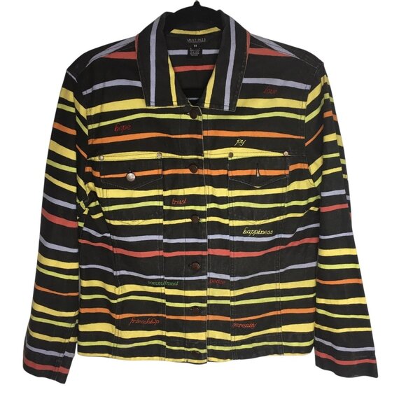 Unique Denim Jacket Womens Medium Black Multicolor Striped Embroidered Happiness - Picture 1 of 16
